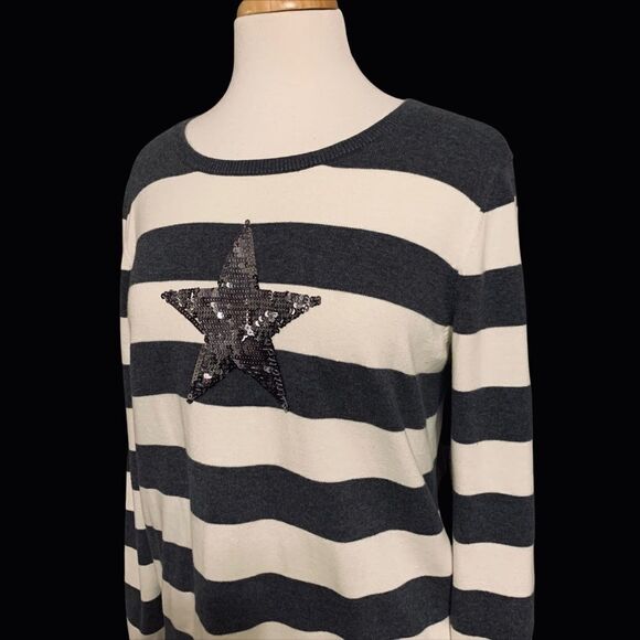 Tommy Hilfiger Long Sleeve Gray & White Wide Stripe Cotton Knit Sweater XL RG/XG - Picture 3 of 7
